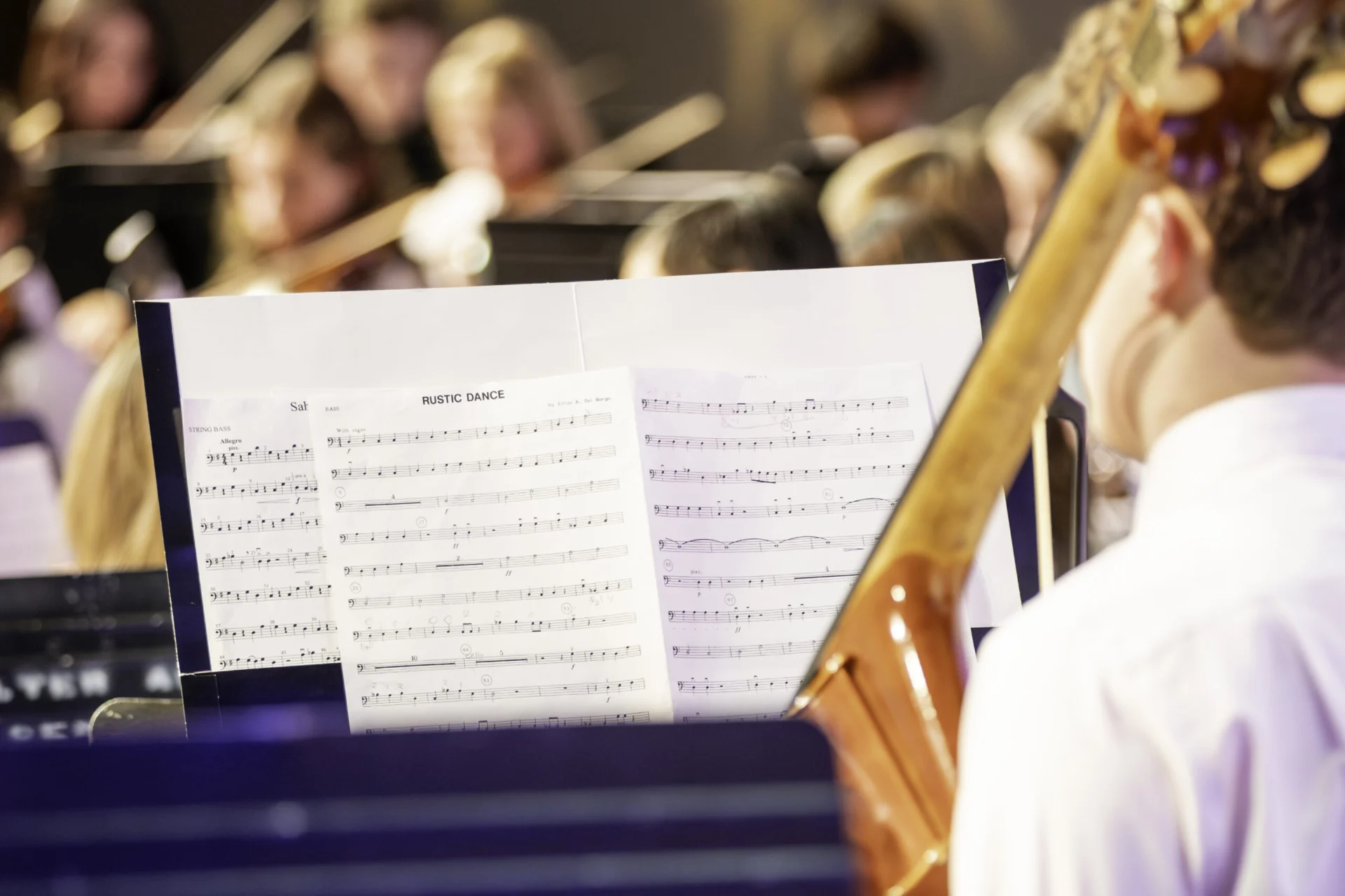 Holland Hall student harpist performing with the school orchestra arts program.