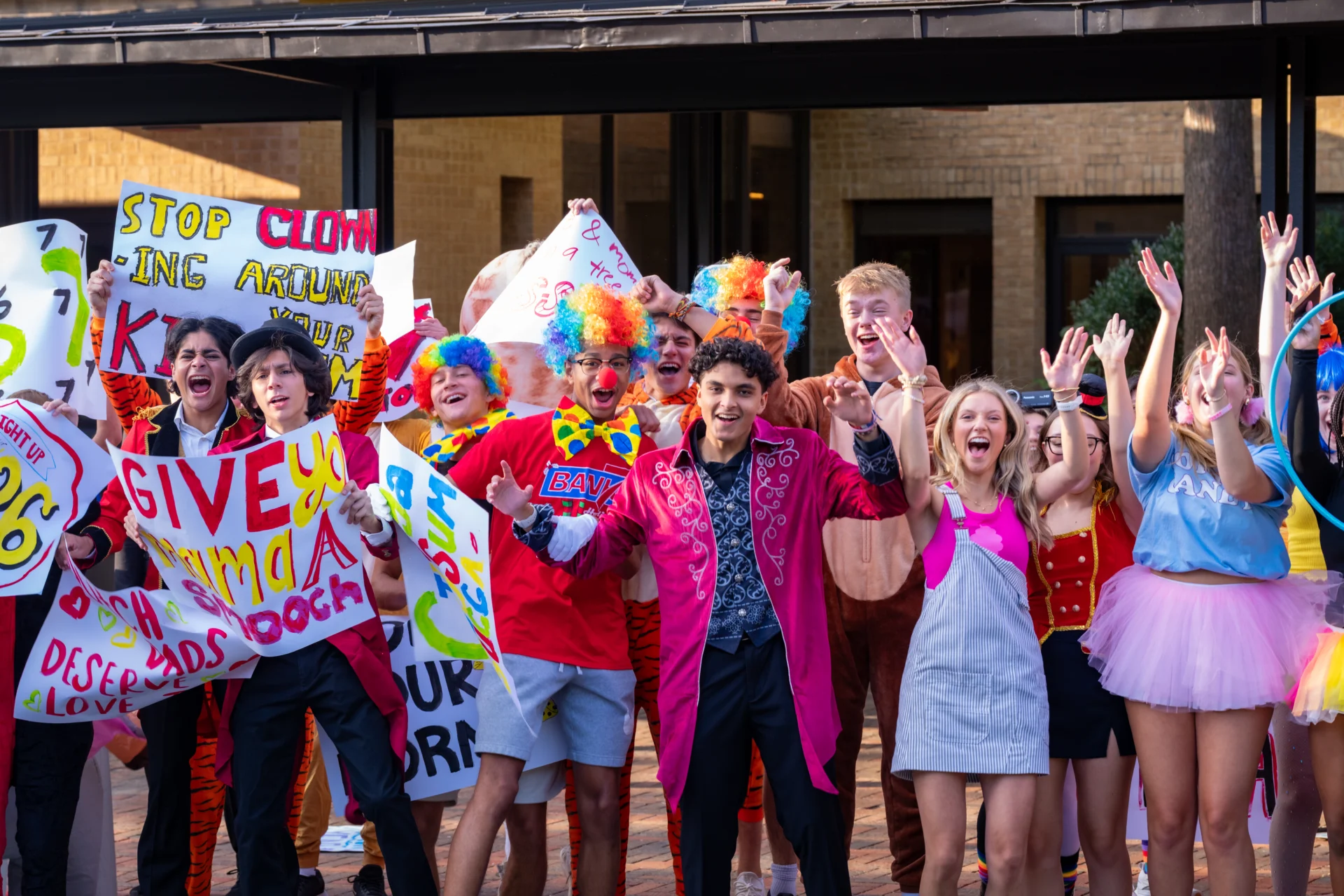 Upper school students all dressed up to welcome incoming freshmen on the first day of school.