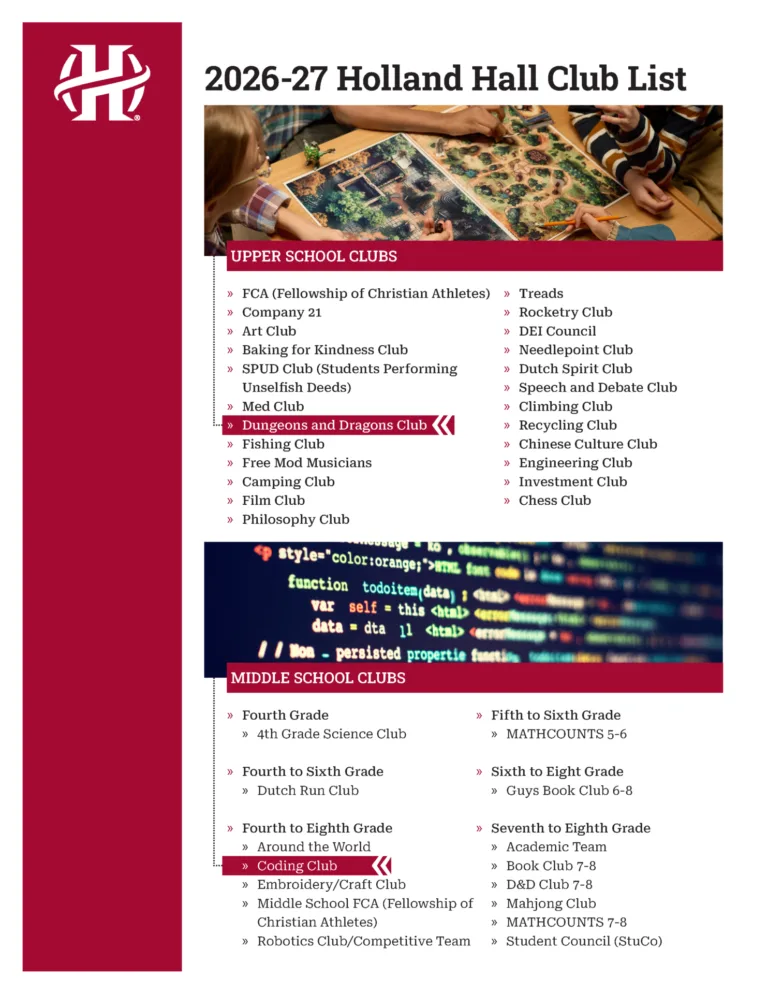 Preview image of the document: 26-27 Holland Hall Middle School and Upper School Clubs Flier