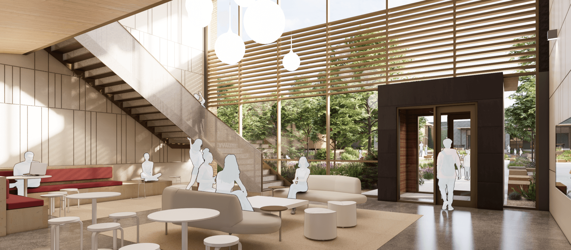 An architectural drawing of the proposed new 7th and 8th grade shared community space, with large windows, comfortable seating, and globe-like light fixtures.